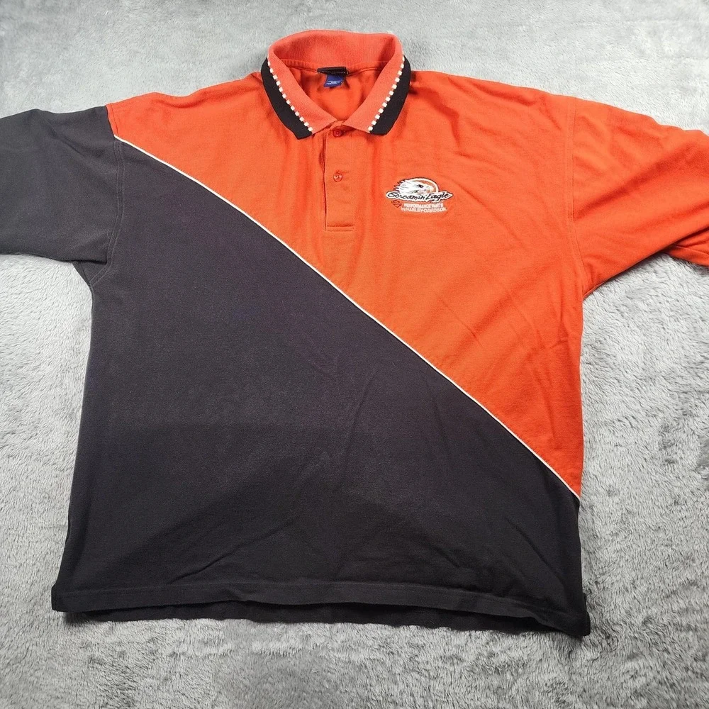 Harley Davidson Polo Shirt Mens 3XL Orange Black Screamin Eagle Biker Colorblock - Picture 3 of 13